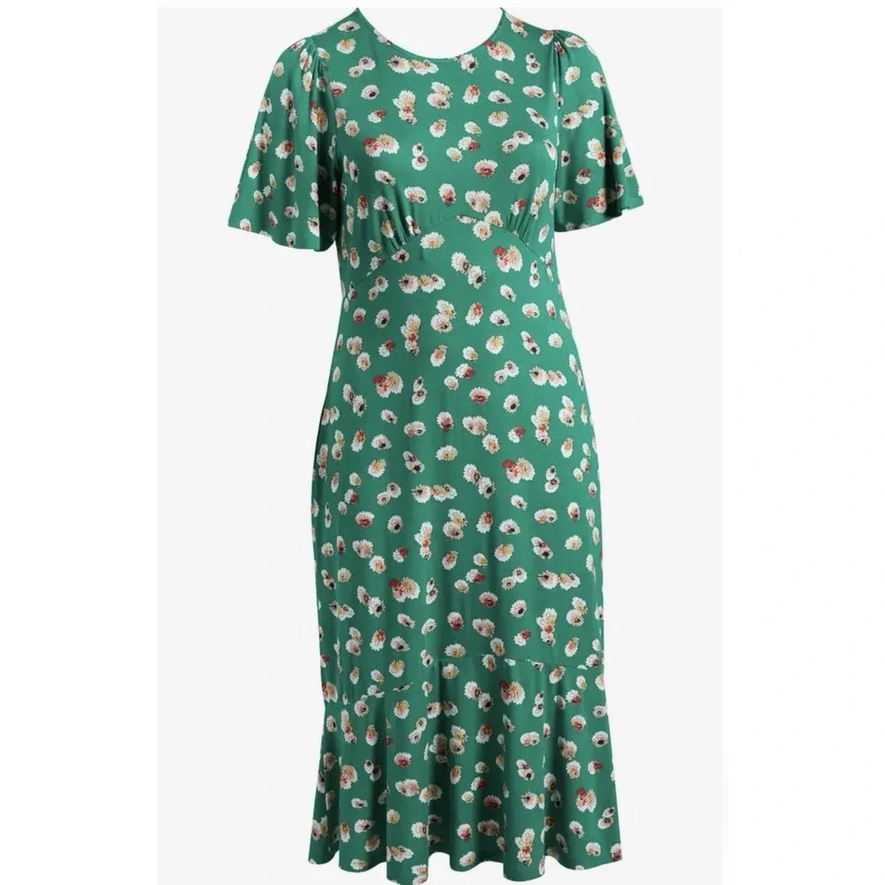 Boden Green Floral V-Neck Dress 16-18R